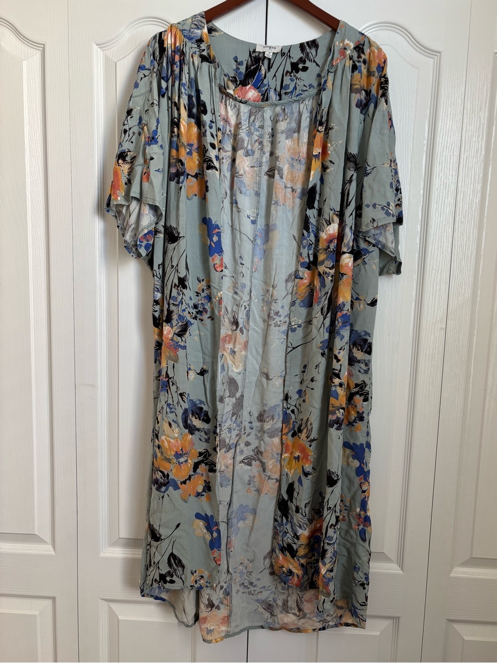 Umgee  Floral Open-Front Kimono with Blue & Orange Accents